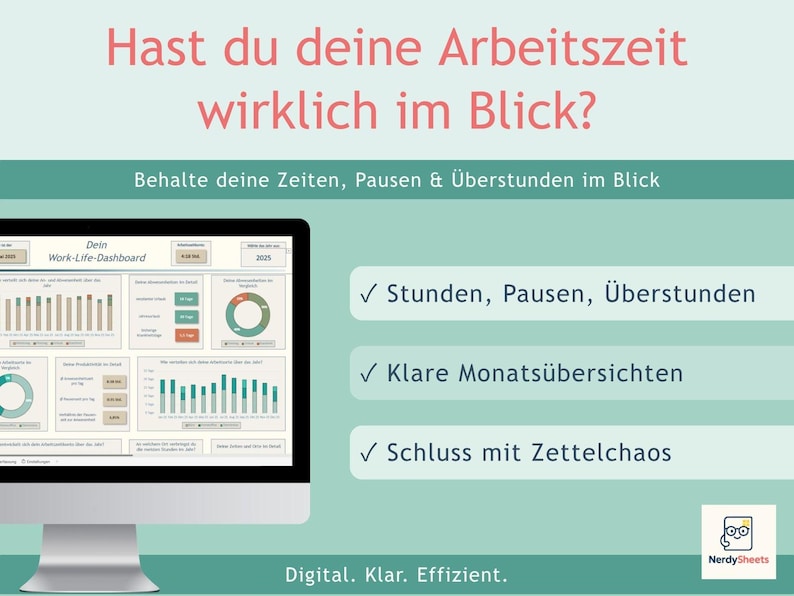 May include: A digital work-life dashboard displayed on a computer monitor with charts and data tracking hours, breaks, and overtime. The text reads: Hast du deine Arbeitszeit wirklich im Blick? Behalte deine Zeiten, Pausen & &Uuml;berstunden im Blick.