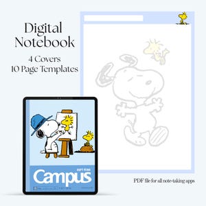 May include: Digital notebook with 4 covers and 10 page templates. The image features a tablet with a Snoopy and Woodstock illustration, and a blank page with a Snoopy outline. The text on the tablet reads "Campus".