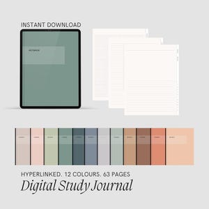 Pode incluir: Diário de estudo digital exibido em um tablet, com uma seleção de estilos de papel e uma paleta de cores. O tablet mostra uma capa verde com a palavra "Notebook". O texto "Instant Download" e "Digital Study Journal" também são visíveis.