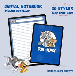 May include: Digital notebook with a blue cover featuring Tom and Jerry cartoon characters. The image shows a digital notebook with lined pages and the text "Digital Notebook Instant Download" and "20 Styles Page Templates".