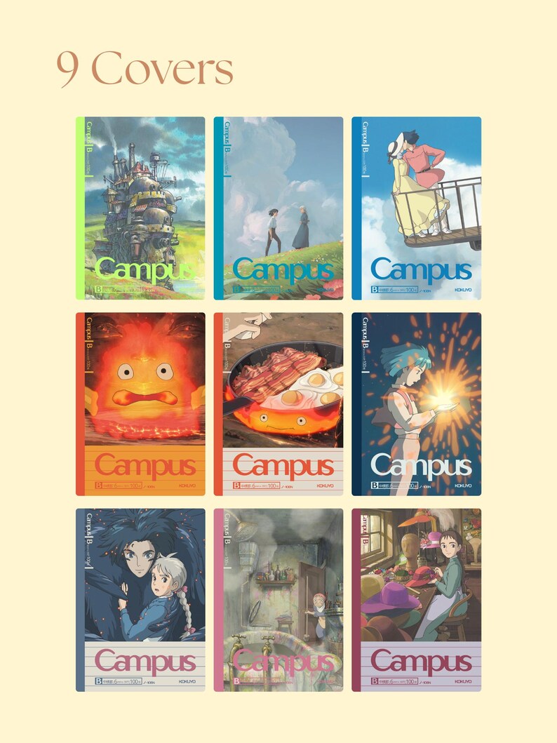 May include: Nine colorful book covers featuring anime-style illustrations. Each cover has the word "Campus" in a bold font. The covers showcase various scenes, including characters and landscapes, with vibrant colors and detailed artwork.
