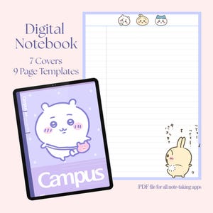 Puede incluir: Cuaderno digital con 7 portadas y 9 plantillas de página. La tableta muestra una portada morada con un personaje de dibujos animados y la palabra "Campus". También se muestra una plantilla de papel rayado con ilustraciones de dibujos animados. Archivo PDF para todas las aplicaciones de toma de notas.