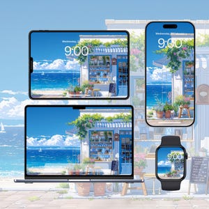 以下が含まれることがあります： タブレット、スマートフォン、ノートパソコン、スマートウォッチが、海辺のカフェのデジタル壁紙を表示しています。各画面には、鮮やかな青い海と空を背景に、9:00という時刻と2月25日水曜日という日付が表示されています。