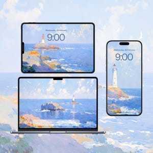 May include: A tablet, laptop, and smartphone display a coastal landscape with a lighthouse, sea, and sky. The screens show the time as 9:00 and the date, Wednesday, February 25. The devices are set against a painted background.