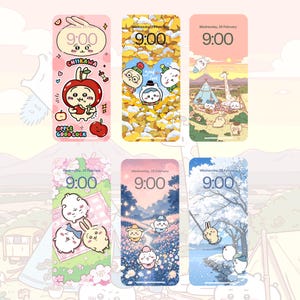 May include: A collection of six phone wallpapers featuring cute cartoon characters. Each wallpaper displays the time as 9:00 and the date. The designs include bunnies, flowers, and other whimsical elements. One wallpaper has the text "CHIIKAWA" and "APPLE GOOD LUCK".
