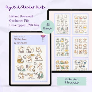 May include: Digital sticker pack featuring Shiba Inu & Friends. The image shows a tablet displaying sticker sheets with various Shiba Inu dog illustrations. The text includes "Instant Download," "Goodnotes File," and "Pre-cropped PNG files."