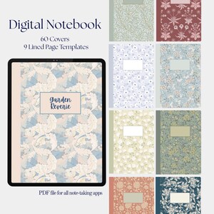 May include: Digital notebook with 60 covers and 9 lined page templates. The digital notebook features a floral design with the text "garden Reverie". The PDF file is for all note-taking apps. Additional covers with floral patterns are also shown.