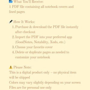 May include: A digital product information sheet on a cream-colored background. The text includes "What You'll Receive", "How It Works", and "Please Note". The sheet describes a PDF file with notebook covers and lined pages for personal use.
