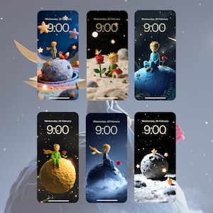 May include: Six phone lock screens featuring illustrations of a young boy on planets with stars and a fox. Each screen displays "Wednesday, 25 February" and the time "9:00". The backgrounds vary with different color schemes.