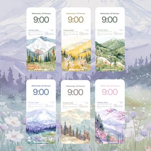 Könnte beinhalten: Sechs Handy-Hintergrundbilder mit Aquarell-Landschaftsdesigns. Jedes zeigt die Uhrzeit 9:00 Uhr, das Datum Mittwoch, 25. Februar und die Worte "Dream away". Die Hintergründe zeigen Berge, Bäume und florale Elemente.