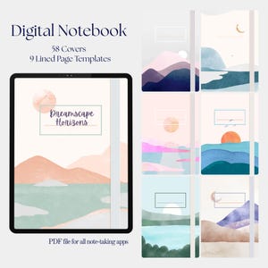 May include: Digital notebook with 58 covers and 9 lined page templates. The cover designs feature watercolour landscape illustrations with mountains, suns, and moons. The text "Dreamscape Horizons" is displayed on a tablet screen.