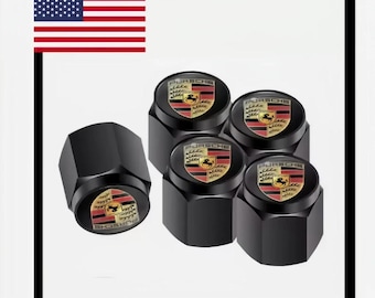 Porsche Style Black Valve Stem Caps Set of 5 | Aluminum Tire Air Caps with Colored Crest | Car Wheel Accessories