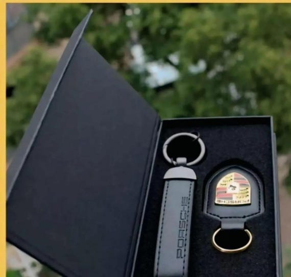 For Porsche Black & Red Leather Keychain – Premium Key Ring Gift