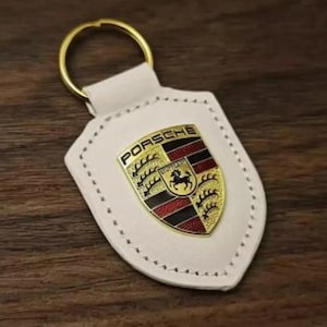 Porsche Crest Leather Keychain Silver Key Ring Gift Box Set