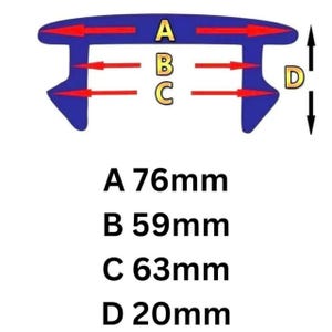 May include: A blue rubber seal with red arrows indicating dimensions. The text shows the measurements: A 76mm, B 59mm, C 63mm, and D 20mm. The seal has a unique shape with a curved top and two downward-pointing sections.