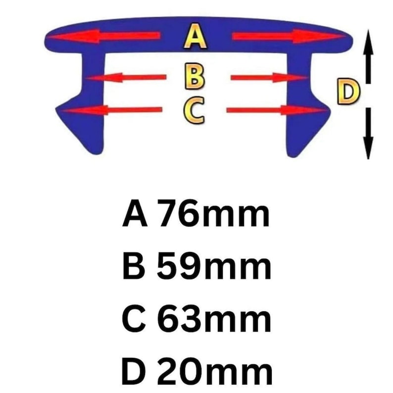 May include: A blue rubber seal with red arrows indicating dimensions. The text shows the measurements: A 76mm, B 59mm, C 63mm, and D 20mm. The seal has a unique shape with a curved top and two downward-pointing sections.