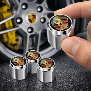 Porsche Silver Valve Stem Caps: Aluminum Tire Caps with Crest (Set of 5)