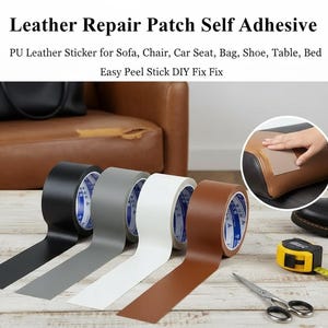 May include: Rolls of self-adhesive leather repair tape in black, gray, white, and brown. The image shows the tape being used to repair a leather chair. Text on the image reads "Leather Repair Patch Self Adhesive".