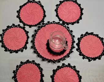 Handmade Crochet Set: Pink Black Table Decor, Jug Mat, Coasters, Boho Wall Art