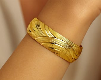 22K Gold Plated Textured Cuff Bracelet | Wide Statement Bangle for Women | Elegant Handmade Jewelry | Dubai Gold Look | Gift Ready