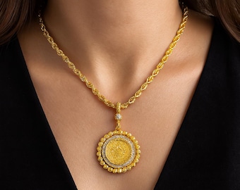22K Dubai Gold Plated Ottoman Coin Medallion Necklace | Handmade Rope Chain Islamic Jewelry | Luxury Gift for Women | Arabic Style Necklace