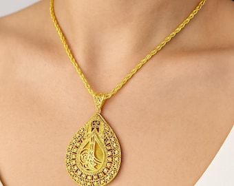 22K Dubai Gold Plated Drop Pendant Necklace | Handmade Bridal Jewelry | Islamic Jewelry | Luxury Gift for Women | Arabic Style Necklace