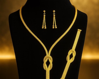 Conjunto de joyería con diseño de nudo bañado en oro de 22 quilates hecho a mano / Collar, pulsera y aretes / Base de plata 925 /