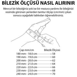 May include: Diagram showing how to measure a wrist for a bracelet. The text in the image is in Turkish. A hand is shown with a measuring tape wrapped around the wrist. A chart provides bracelet size conversions.