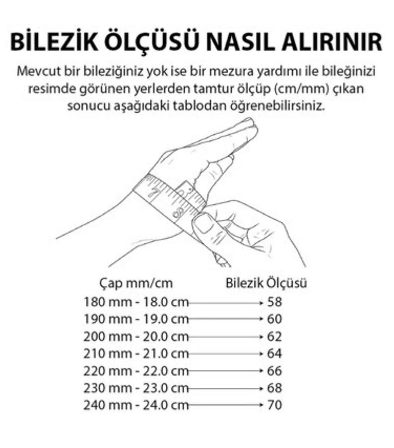 May include: Diagram showing how to measure a wrist for a bracelet. The text in the image is in Turkish. A hand is shown with a measuring tape wrapped around the wrist. A chart provides bracelet size conversions.