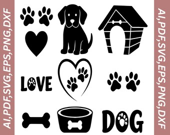 Dog SVG Bundle, Pet Paw Silhouettes, Animal Love Clipart, Cricut Cut Files