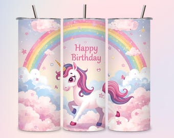 Magical Unicorn Birthday Tumbler – Cute Fantasy Drinkware with Rainbow & 'Happy Birthday' Message, Perfect Gift for Unicorn Lovers and Kids