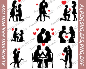 Heart Couple Silhouette SVG Bundle Romantic Love Designs for Cricut Sublimation Projects Digital Download