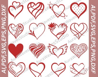 Doodle Heart SVG Bundle, Hand Drawn Valentine Design Digital Download