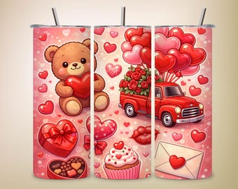 Kawaii Valentine Tumbler Wrap, Teddy Bear, Truck, 20oz Skinny PNG Digital Download