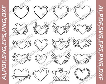 Hand Drawn Heart Outline Clipart | Valentine SVG PNG Bundle (Digital Download)