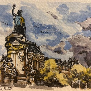 Paris Watercolor Painting: Cityscape Art (14x8 cm)