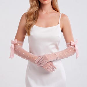 Women’s Pink Sheer Gloves, Long Pearl Gloves with Satin Bows, Bridal Opera Gloves, Wedding Evening Party Gloves