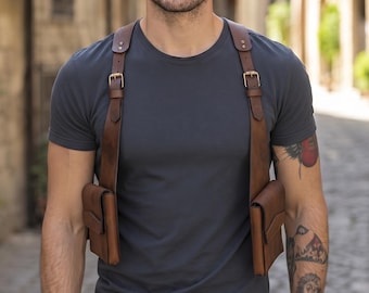 Leather Chest Harness for Men, Genuine Leather Utility Harness, Dual Pocket Leather Holster, Adjustable EDC Chest Bag
