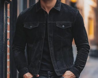 Vintage Black Suede Leather Trucker Jacket: Slim Fit Western Outerwear