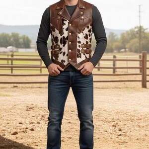 May include: A brown leather vest with a cowhide pattern on the front, featuring gold-colored buttons and buckles. The vest is worn over a dark gray long-sleeved shirt and paired with blue jeans and brown boots. The background shows a ranch setting.