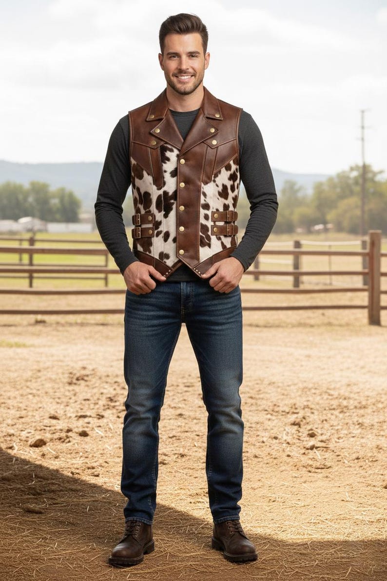 May include: A brown leather vest with a cowhide pattern on the front, featuring gold-colored buttons and buckles. The vest is worn over a dark gray long-sleeved shirt and paired with blue jeans and brown boots. The background shows a ranch setting.