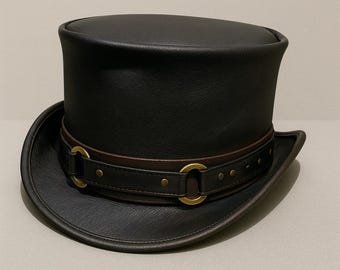 Handmade Black Leather Steampunk Top Hat: Western Gothic Brass Concho