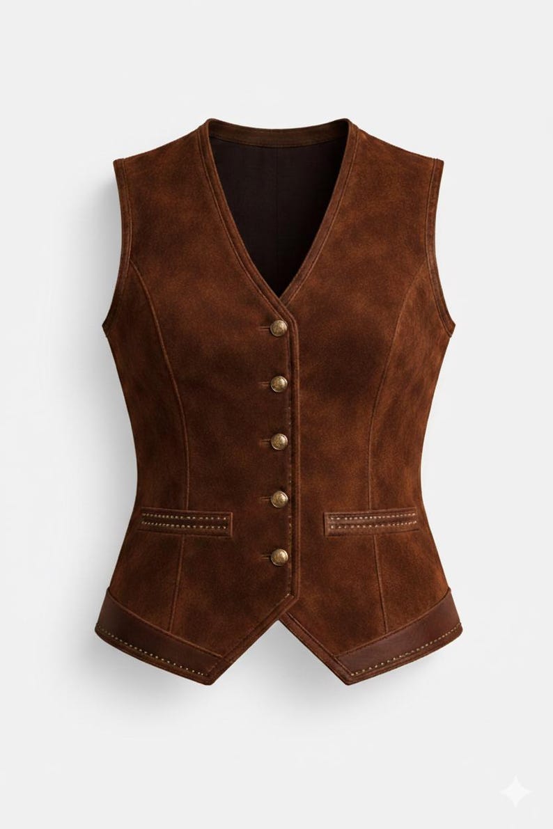 May include: A brown suede waistcoat with a V-neck and a tailored fit. The waistcoat features gold-coloured buttons, two front pockets, and leather trim. A classic outerwear garment.