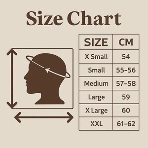 May include: A size chart for headwear, featuring a silhouette of a head with measurement arrows. The chart lists sizes from X-Small to XXL, with corresponding centimeter measurements ranging from 54 cm to 62 cm.