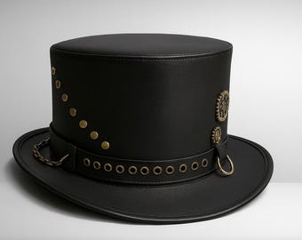 Handmade Black Steampunk Leather Top Hat Brass Gear & Rivet Detailing Gothic Festival Hat