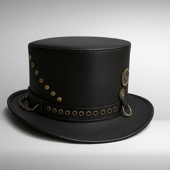 Handmade Black Steampunk Leather Top Hat Brass Gear & Rivet Detailing Gothic Festival Hat