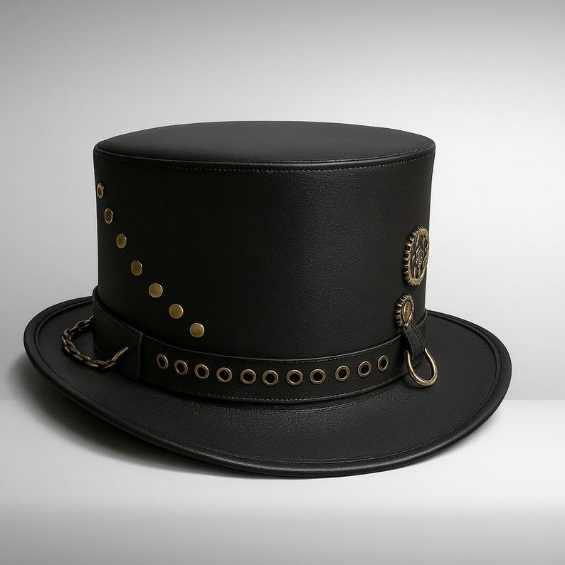 May include: A black top hat with a wide brim. The hat features brass-colored rivets, a decorative chain, and gear-shaped embellishments. The hat has a steampunk aesthetic.