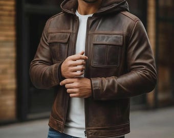 Men's Vintage Brown Leather Jacket with Hood Handmade Distressed Real Lambskin Bomber Jacket.