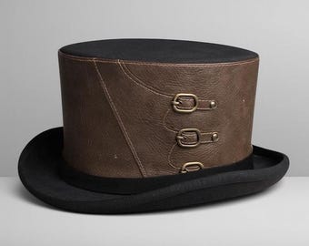 Steampunk Gothic Brown Leather Top Hat Triple Buckle Accent Hat