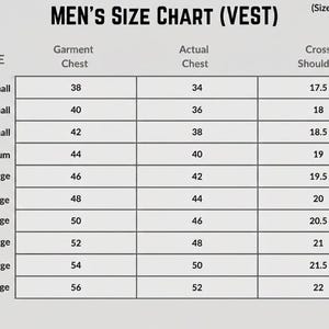 May include: A vest size chart with measurements in inches. The chart includes sizes from 2X-Small to 5X-Large, detailing garment chest, actual chest, and cross shoulder measurements. The text "MEN'S SIZE CHART (VEST)" is at the top.